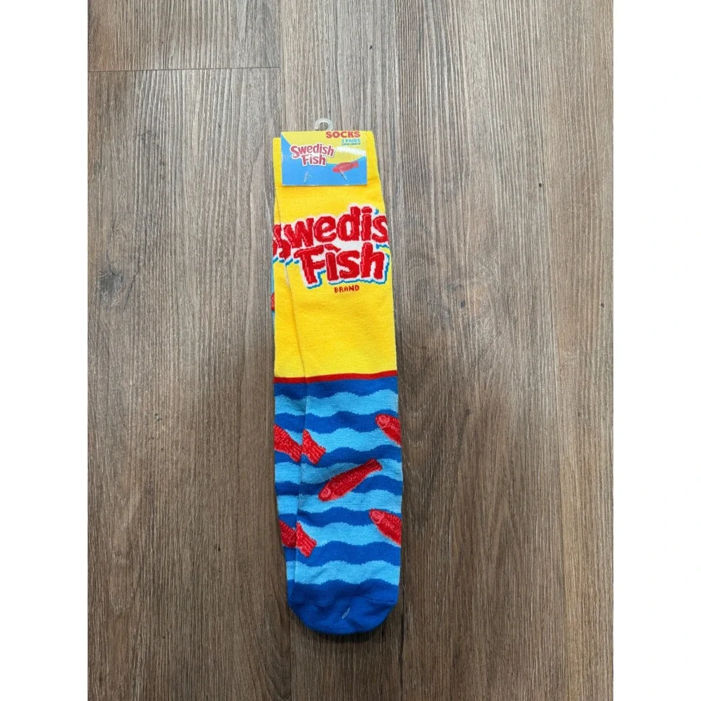 Swedish Fish 2 Pair Crew Socks Yellow Blue Candy Graphic Mens 6-10 12744MNGC NEW